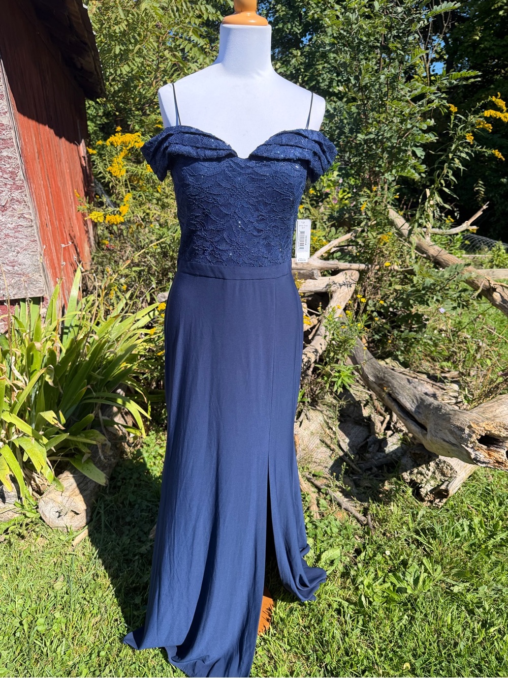 Night Way Collections Navy Off-Shoulder Lace & Chiffon Prom Gown